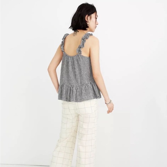 Madewell Women's Size 4 Ruffle Strap Cotton Cami Gingham Top Black/White - Picture 2 of 7